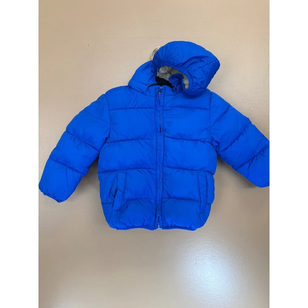 Kids Royal Blue Faux Fur Lined Puffer Jacket Hooded Quilted Winter‎ Coat